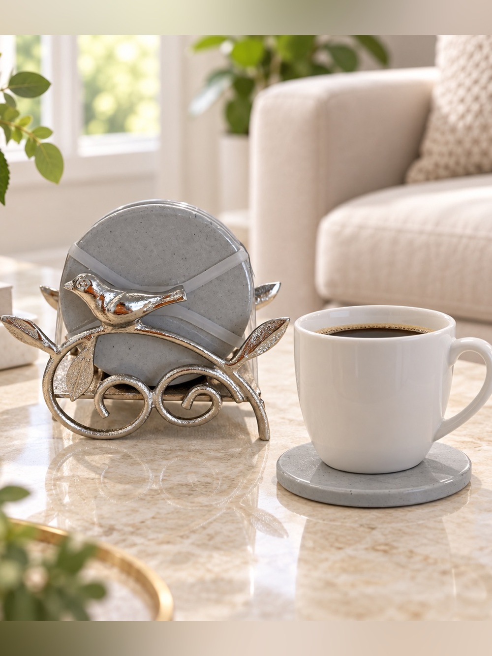 Set of 4 Gray Stone Coasters w Silver Metal Bird Holder Handcrafted in India
